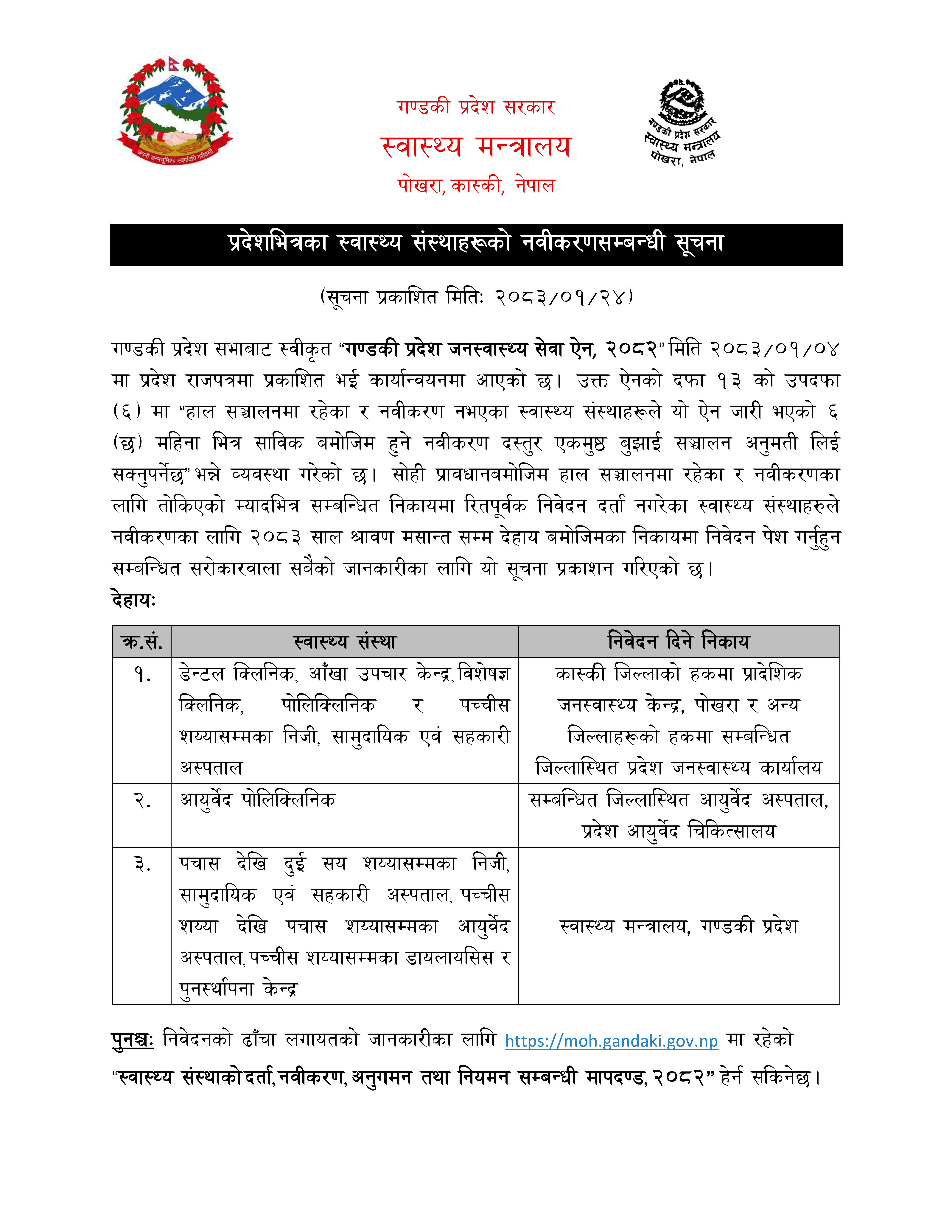 स्वास्थ्य संस्था नविकरण सम्बन्धी सूचना